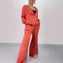 Lade das Bild in den Galerie-Viewer, Patchwork Round Neck Cardigan Casual Top Wide Leg Pants Set for Women