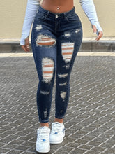 Load image into Gallery viewer, Fitted Stretch Mid-Waist Ripped Skinny Washed Denim Jeans for Women