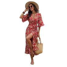 Lade das Bild in den Galerie-Viewer, Fashionable Printed V-Neck Tie-Waist Vacation Style Mid-Length Dress