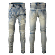 Lade das Bild in den Galerie-Viewer, Hand Frayed Beggar Style Distressed Slim Stretch American Men's Jeans