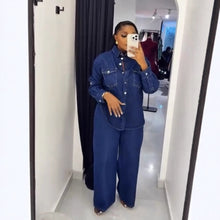 Lade das Bild in den Galerie-Viewer, Vintage Denim Shirt with Turn-Down Collar Long Sleeve Top and Straight Leg Pants Set for Women