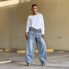 Load image into Gallery viewer, Washed Distressed Ribbed Elastic Waist Wide Leg Jeans