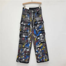 Load image into Gallery viewer, Spray painted graffiti multi pocket workwear straight leg jeans for women