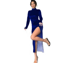 Load image into Gallery viewer, High Neck Long Velvet Dress with Pleats and Slit Fitted SilhouetteAutumn/Winter Fashion