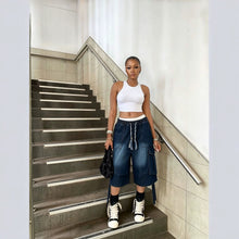 Cargar imagen en el visor de la galería, Workwear Denim Pants with Washed Finish Elastic Drawstring Waist Casual Style Bottoms