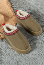 Lade das Bild in den Galerie-Viewer, Pair of Contrast Print Suede Plush Lined Snow Boots in tan with red and patterned trim, featuring soft, warm lining and durable sole, styled for winter comfort.
