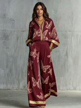 Load image into Gallery viewer, Style Women's Retro Printed Sexy Deep V Neck Loose Zipper Top with Wide Leg Pants Two-Piece Set