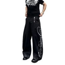 Load image into Gallery viewer, Black Patchwork Polka Dot Print Men's Loose Wide-Leg Jeans,
