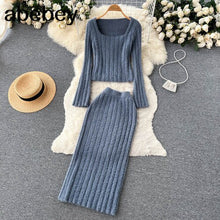 Load image into Gallery viewer, Women Gentle Knitted Two Pieces Suits Soft Sweater Short Top+High Waist Midi Long Skirt Suits Elastic Slim Winter Sets