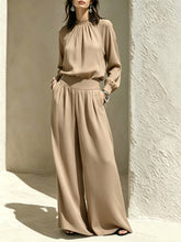 Load image into Gallery viewer, Casual Solid Color Long Sleeve Stand-up Collar Loose Fit Women's Fashion Set BlouseWide-leg Pants