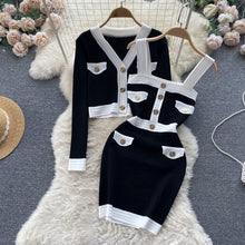Load image into Gallery viewer, Autumn French OL Knitted Sets Chic Button Short Knit Cardigan Coat+Camis Dress Women Autumn Sweater Two Pieces Suits
