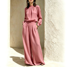 Load image into Gallery viewer, Casual Solid Color Long Sleeve Stand-up Collar Loose Fit Women's Fashion Set BlouseWide-leg Pants