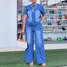 Cargar imagen en el visor de la galería, Fashion Washed Blue Loose Short Sleeve Denim Women's Set Casual Style
