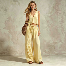 Load image into Gallery viewer, V-neck solid color sleeveless camisole top wide leg pants set