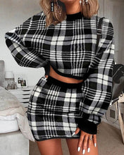 Load image into Gallery viewer, Women's Tracksuit Elegant Office Two Piece Set Plaid Sweater Outfit Long Sleeve Crop Top And Skirt Sets Sexy Fashion Dress Set