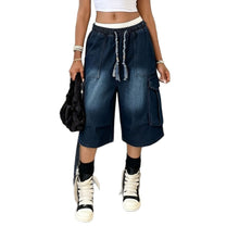 Cargar imagen en el visor de la galería, Workwear Denim Pants with Washed Finish Elastic Drawstring Waist Casual Style Bottoms
