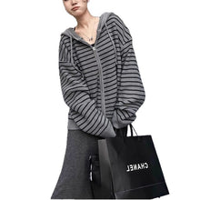 Load image into Gallery viewer, Women's Striped Apricot Knit Drawstring Hooded Loose Cardigan