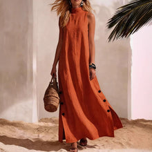 Lade das Bild in den Galerie-Viewer, Women's Vacation Dress, Beach-Style Side Slit Loose Fit Solid Color Cotton Linen Sleeveless Dress