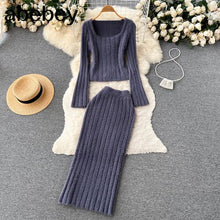 Load image into Gallery viewer, Women Gentle Knitted Two Pieces Suits Soft Sweater Short Top+High Waist Midi Long Skirt Suits Elastic Slim Winter Sets