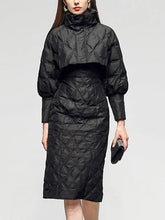 Load image into Gallery viewer, Solid Two Piece Sets For Women Stand Collar Lantern Sleeve Parka O Neck Sleeveless High Waist Dress Chic Set Female
