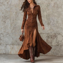 Load image into Gallery viewer, Elegant Zipper Stand Collar Slit Long Dress with Slim Fit
