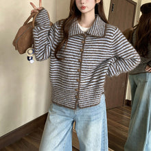 Load image into Gallery viewer, Color-block Striped Lapel Collar Loose Fit Knit Cardigan