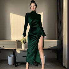 Load image into Gallery viewer, High Neck Long Velvet Dress with Pleats and Slit Fitted SilhouetteAutumn/Winter Fashion
