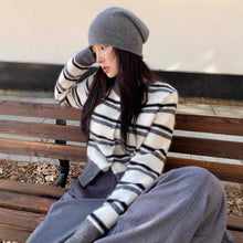 Load image into Gallery viewer, Striped Open Front Crew Neck Cropped Slimming Knit Sweater Jacket