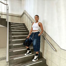 Cargar imagen en el visor de la galería, Workwear Denim Pants with Washed Finish Elastic Drawstring Waist Casual Style Bottoms