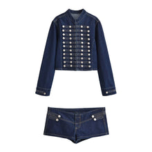 Load image into Gallery viewer, Multi row metal buckle denim jacket+shorts two-piece set for women