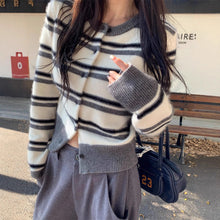 Load image into Gallery viewer, Striped Open Front Crew Neck Cropped Slimming Knit Sweater Jacket