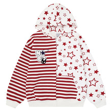 Load image into Gallery viewer, Asymmetric patchwork red striped star hooded cardigan