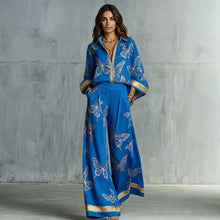 Load image into Gallery viewer, Style Women's Retro Printed Sexy Deep V Neck Loose Zipper Top with Wide Leg Pants Two-Piece Set