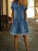 Load image into Gallery viewer, Short Sleeve Multi-Pocket Shirt Washed Denim Look Overalls Shorts