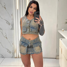 Lade das Bild in den Galerie-Viewer, Women's Denim Dress Set, Short Sleeveless Vest with Raw Hem Pockets and Mini Skirt