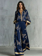 Load image into Gallery viewer, Style Women's Retro Printed Sexy Deep V Neck Loose Zipper Top with Wide Leg Pants Two-Piece Set