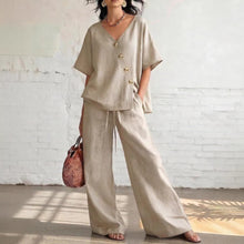Load image into Gallery viewer, Women's Fashion Casual Solid Color V-Neck Loose Short Sleeve Top with Drawstring Pants Two-Piece Set