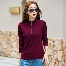 Load image into Gallery viewer, Stand up collar half zipper long sleeved women's T-shirt