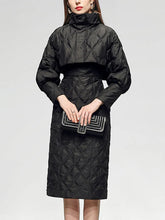 Load image into Gallery viewer, Solid Two Piece Sets For Women Stand Collar Lantern Sleeve Parka O Neck Sleeveless High Waist Dress Chic Set Female