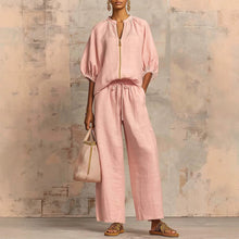 Cargar imagen en el visor de la galería, Women's Casual Loose Solid Color Zipper Round Neck Wide Leg Pants Set