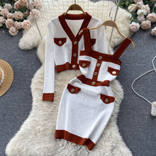 Load image into Gallery viewer, Autumn French OL Knitted Sets Chic Button Short Knit Cardigan Coat+Camis Dress Women Autumn Sweater Two Pieces Suits