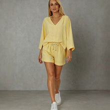 Load image into Gallery viewer, Loose V-neck long sleeved shorts striped set