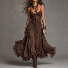 Load image into Gallery viewer, Chiffon Printed Strap Fitted Long Dress, Vintage Flowy Maxi Dress