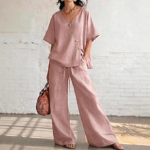 Load image into Gallery viewer, Women's Fashion Casual Solid Color V-Neck Loose Short Sleeve Top with Drawstring Pants Two-Piece Set