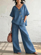 Load image into Gallery viewer, Women's Fashion Casual Solid Color V-Neck Loose Short Sleeve Top with Drawstring Pants Two-Piece Set