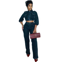 Cargar imagen en el visor de la galería, Denim Set Fashion Long Sleeve Cropped Jacket High Waist Denim Pants