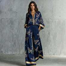 Load image into Gallery viewer, Style Women's Retro Printed Sexy Deep V Neck Loose Zipper Top with Wide Leg Pants Two-Piece Set