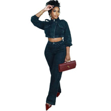 Cargar imagen en el visor de la galería, Denim Set Fashion Long Sleeve Cropped Jacket High Waist Denim Pants