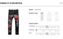 Lade das Bild in den Galerie-Viewer, Men's Scotland Red Plaid Tartan Patchwork Jeans Punk Rivet Patch Black Denim Pants Skull Letters Printed Slim Straight Trousers