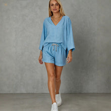Load image into Gallery viewer, Loose V-neck long sleeved shorts striped set